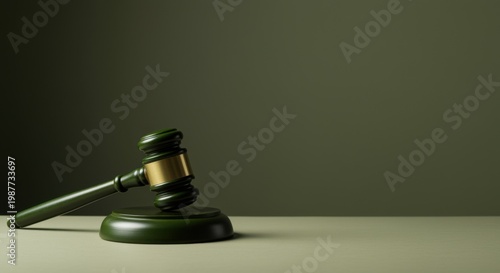 Wooden Judge Gavel on Matching Sound Block for Legal Services or Law Firm Website Header Over a Minimalist Green Background with Copyspace