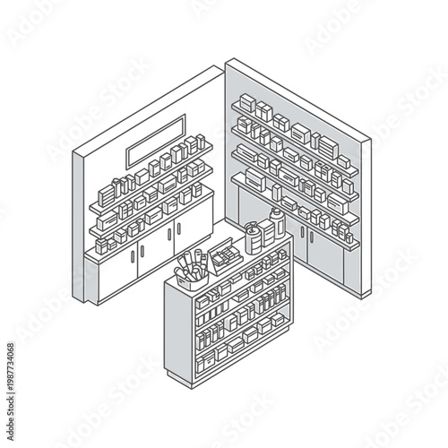 Isometric pharmacy interior line art illustration