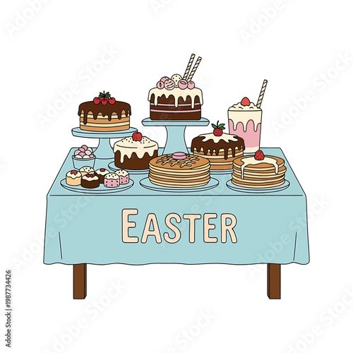 Easter Dessert Table Illustration with Cakes and Sweet Treats