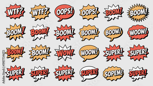 A colorful arrangement of various comic book style speech bubbles displaying exclamations like boom wow and wtf high quality professional detailed modern elegant stylish clean crisp