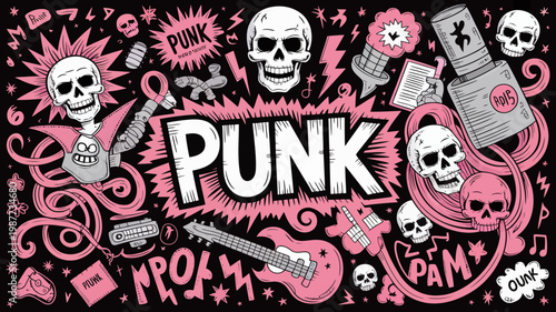 A vibrant hand drawn illustration showcases the punk subculture with skulls musical instruments and bold pink lettering high quality professional detailed modern elegant stylish clean crisp