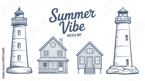 A minimalist blue toned illustration features two lighthouses and two quaint houses evoking a relaxed summery coastal atmosphere high quality professional detailed modern elegant stylish clean