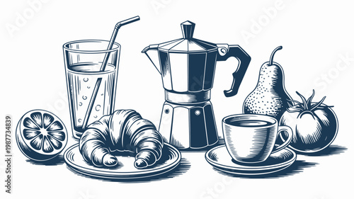 A detailed still life illustration showcases a breakfast spread with coffee juice fresh fruit and a flaky croissant high quality professional modern elegant stylish clean crisp