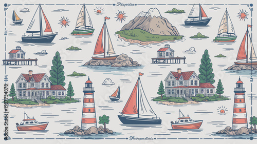 A charming nautical scene depicts sailboats islands coastal homes lighthouses and a mountainous backdrop in a vintage style high quality professional detailed modern elegant stylish clean
