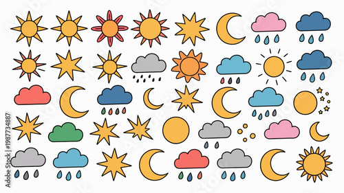 A colorful collection of hand drawn weather icons including various suns moons clouds raindrops and stars are arranged on a white background high quality professional detailed