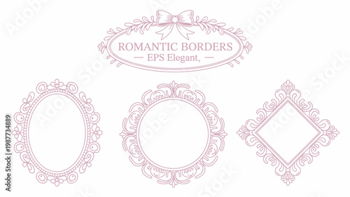 A collection of delicate pink sketched frames and ornate border designs featuring a banner with the word romantic displayed high quality professional detailed modern elegant stylish