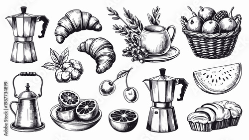 A detailed black and white illustration showcases a variety of breakfast items including coffee makers pastries fruits and a woven basket high quality professional modern elegant