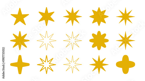 A collection of golden and pale yellow stars in various shapes and point counts are arranged on a clean white background high quality professional detailed modern