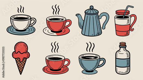 A vintage style illustration showcases various hot and cold beverages including coffee tea and ice cream on a neutral background high quality professional detailed modern elegant