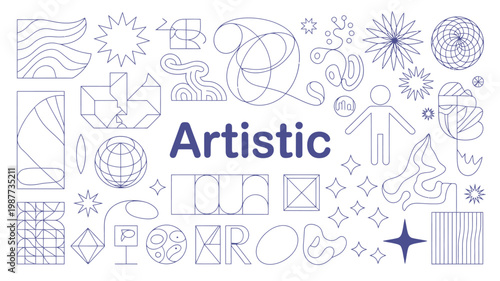 A playful illustrative design showcases various abstract shapes lines and doodles alongside the word artistic in bold text high quality professional detailed modern elegant stylish clean