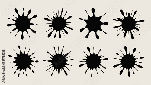 A collection of eight black ink splatters are presented against a neutral beige background exhibiting varied shapes and dynamic bursts high quality professional detailed modern elegant
