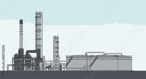 Industrial factory with smokestacks and buildings.