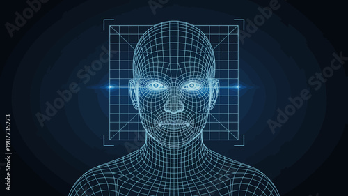 A futuristic wireframe rendering of a human face is displayed against a dark blue background emphasizing technology and identification high quality professional detailed modern elegant stylish