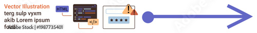 Cybersecurity, programming coding, data authentication, online protection, alert systems, user interfaces. A login form, warning symbol code snippet and an arrow. Cybersecurity and programming