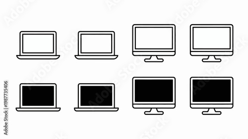 A collection of eight black and white line art icons depicting various computer monitors and laptops in different sizes and orientations high quality professional detailed modern