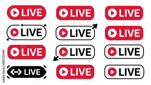 A collection of vibrant red and black live streaming badges with play icons depicting various shapes and directional indicators high quality professional detailed modern elegant stylish