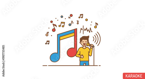 Man singing into microphone with music notes.
