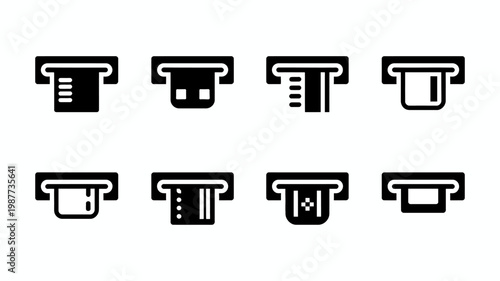 A collection of eight distinct black atm icons are displayed showcasing variations in card readers and dispensing slots high quality professional detailed modern elegant stylish clean