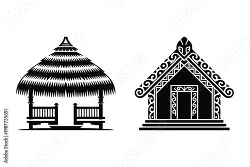 Thatched hut and traditional tribal house icon with building, architecture