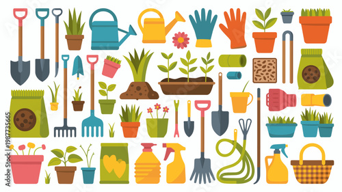 A colorful assortment of gardening tools and plants are displayed including shovels watering cans gloves and potted greenery high quality professional detailed modern elegant stylish clean