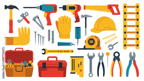A colorful collection of construction tools and safety equipment is displayed on a white background showcasing items for various projects high quality professional detailed modern elegant