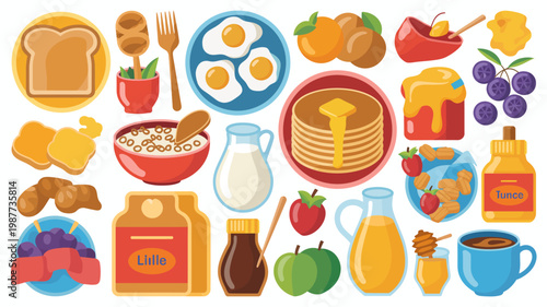 A colorful illustration depicts a variety of breakfast foods including toast eggs pancakes fruit cereal and beverages arranged playfully high quality professional detailed modern elegant stylish