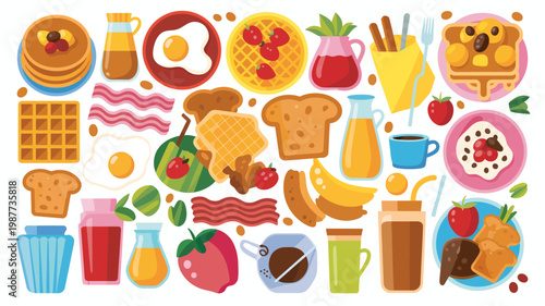 A colorful flat lay illustration showcases a delightful assortment of breakfast foods including pancakes waffles eggs fruit and beverages high quality professional detailed modern elegant stylish