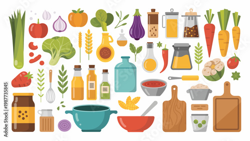 A colorful arrangement of fresh vegetables fruits cooking oils and kitchen utensils displays a vibrant healthy culinary scene high quality professional detailed modern elegant stylish clean
