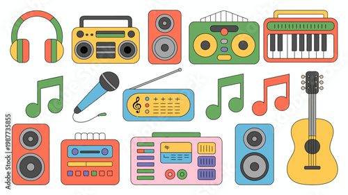 A colorful collection of vintage audio equipment and musical notes creates a playful retro aesthetic showcasing classic sound technology high quality professional detailed modern elegant stylish