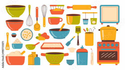 A colorful assortment of kitchen tools and baking ingredients are neatly arranged showcasing a vibrant and inviting culinary scene high quality professional detailed modern elegant stylish