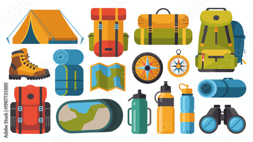 A colorful illustration showcases essential camping and hiking gear including a tent backpacks boots and navigation tools arranged on a white background high quality professional detailed