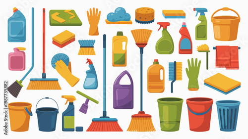 A colorful collection of cleaning supplies is displayed including mops buckets brushes sprays and cloths arranged on a plain background high quality professional detailed modern elegant