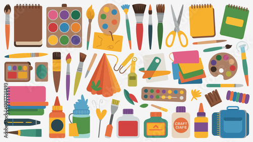 A colorful collection of art supplies is displayed on a white background including paints brushes paper and various crafting tools high quality professional detailed modern elegant