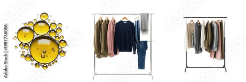 Clothing racks with hanging fashion apparel and golden oil bubbles isolated on transparent PNG background