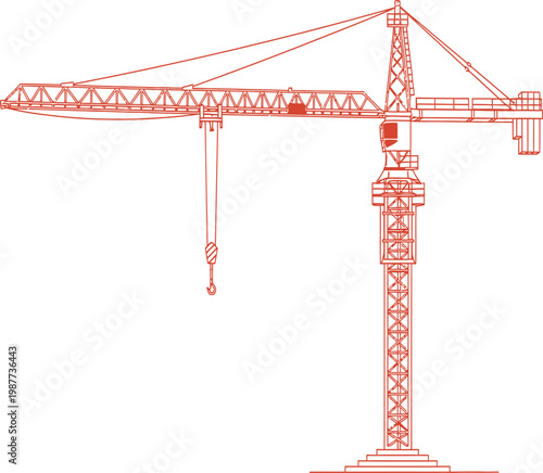 Red Outline Construction Tower Crane Illustration Isolated on White Background Representing Industrial Building Sites Engineering Projects and Urban Development Architectural Growth