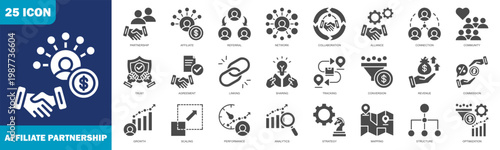 Affiliate Partnership Icon Set Collection In Glyph Style. Icon Set Consist Of Affiliate, Referral, Network, Collaboration, Strategy, Mapping, Structure, Optimization And More.