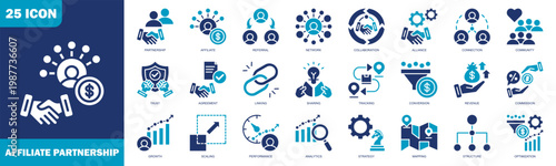 Affiliate Partnership Icon Set Collection In Flat Blue Style. Icon Set Consist Of Affiliate, Referral, Network, Collaboration, Strategy, Mapping, Structure, Optimization And More.