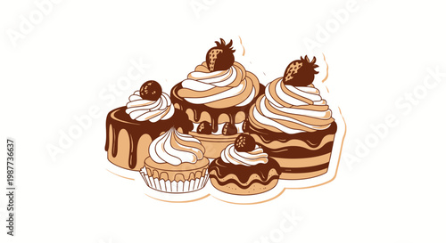 Stylized illustration of various delicious cakes and sweet pastries