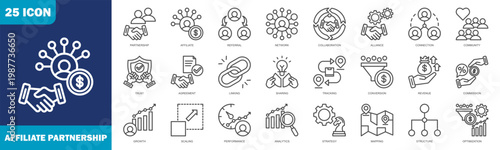 Affiliate Partnership Icon Set Collection In Line Style. Icon Set Consist Of Affiliate, Referral, Network, Collaboration, Strategy, Mapping, Structure, Optimization And More.