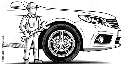 Automotive mechanic working on a car tire with a wrench