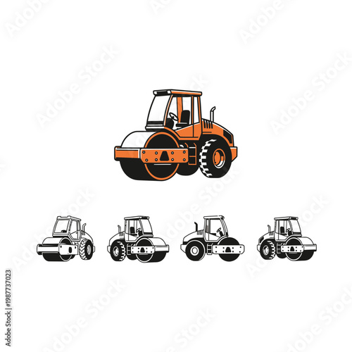 Road Roller Construction Vehicle Vector Illustration Set