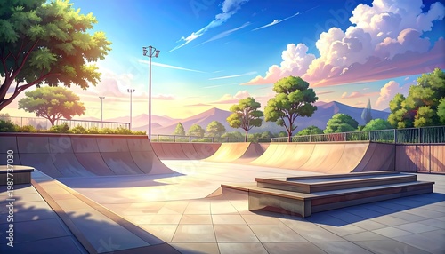 An illustrated sunlit skate park during daytime. The ramps are empty, the sky is blue with clouds. Trees and mountains visible in the background
