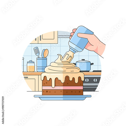 Hand decorating chocolate layered cake with cream in kitchen illustration