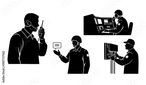 Security personnel silhouette vector set radio control maintenance operations illustration