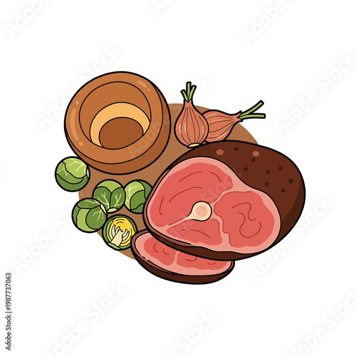 Vector illustration of sliced ham with brussels sprouts and shallots