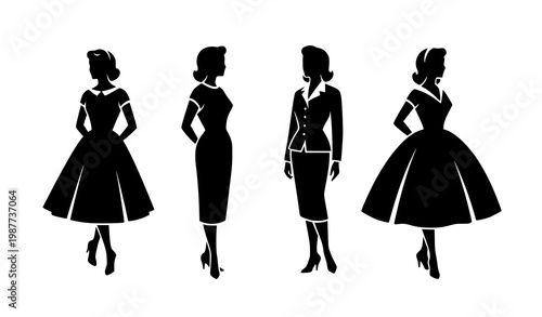 1950s women silhouette icon set vector retro vintage dress minimal illustration