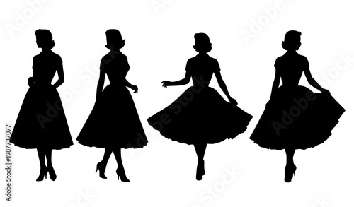1950s women silhouette vector vintage dress retro fashion elegant illustration