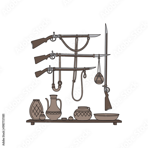 Antique muskets and traditional pottery vessels illustration
