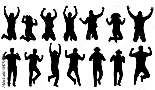 Celebration silhouettes vector happy people jumping joy movement illustration