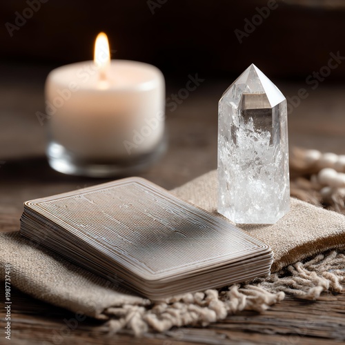 Tarot Reading Setup Tarot cards with candle and crystal setup.
